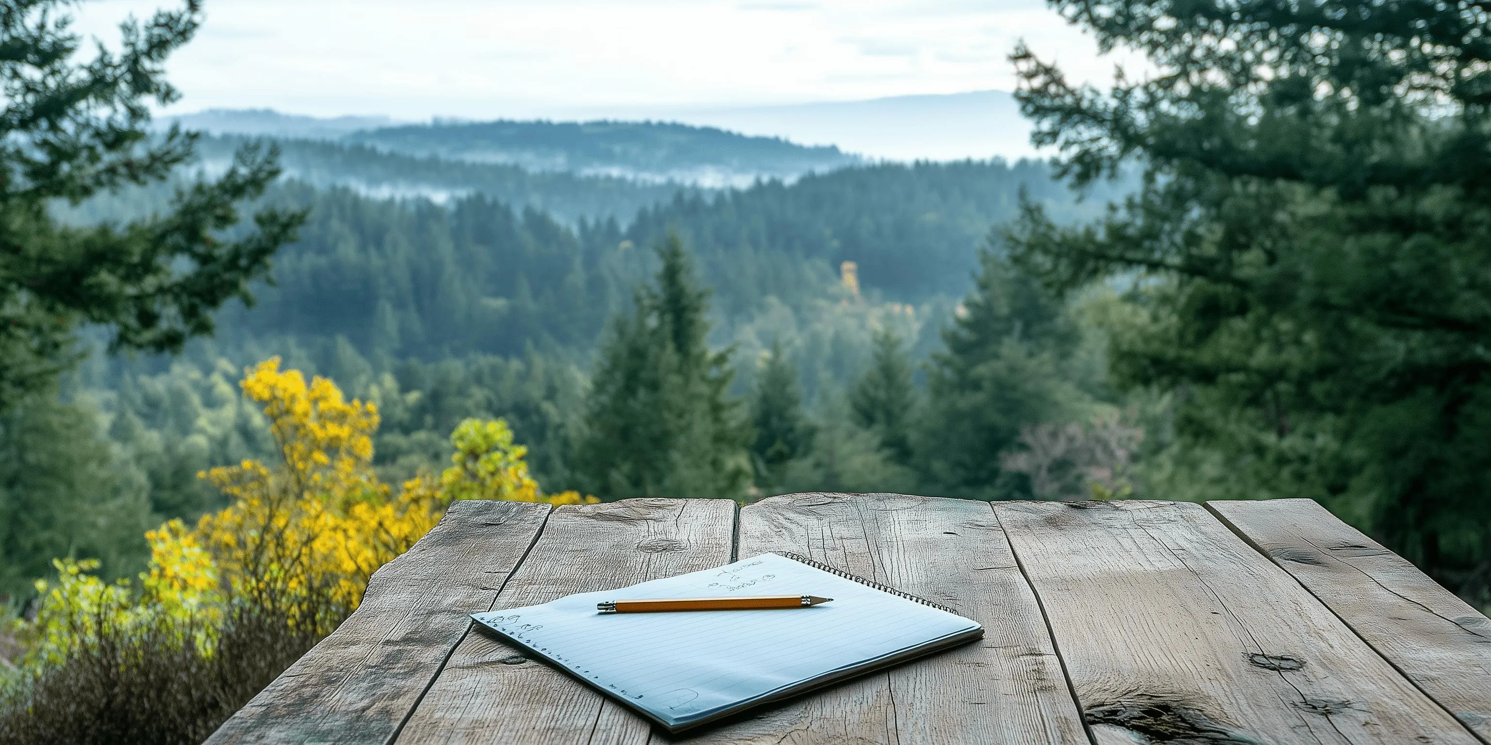 a wooden table with a pad of paper and a pencil overlooking a scenic forest